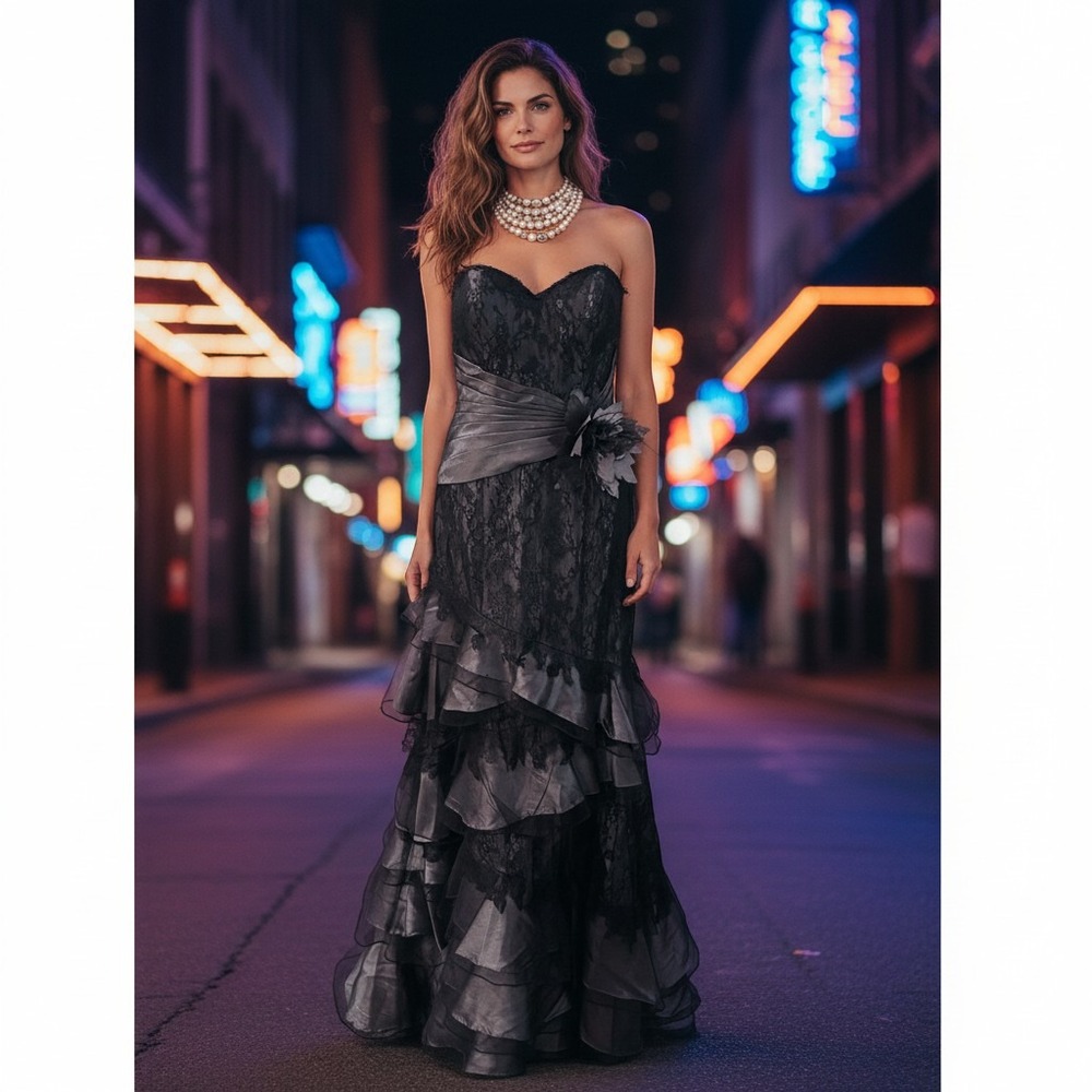 Montage Mon Cheri Formal Gown Womens 6 Black Grey Lace Ruffle Mermaid Dress